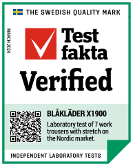 Top rated in a comparative laboratory test of 7 stretch craftsman trousers on the Nordic market.